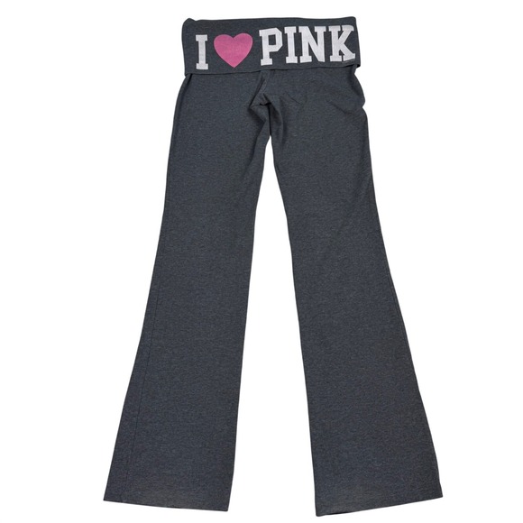 PINK Victoria's Secret Pants - True VTG Y2K Victoria's Secret Yoga Pants Foldover Waist I Heart PINK Flare Sz M